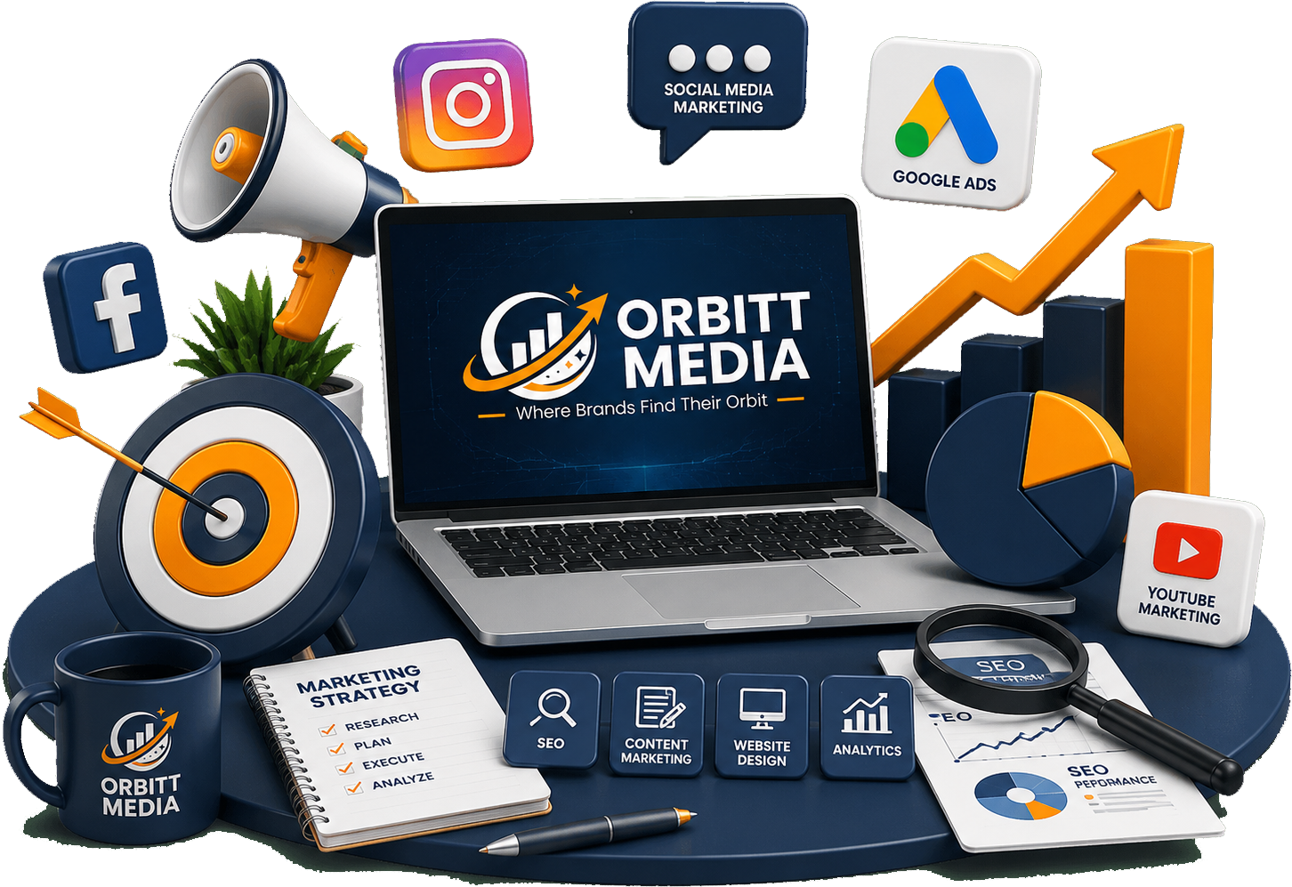 Orbitt Media digital marketing services illustration with laptop, charts, and platform icons